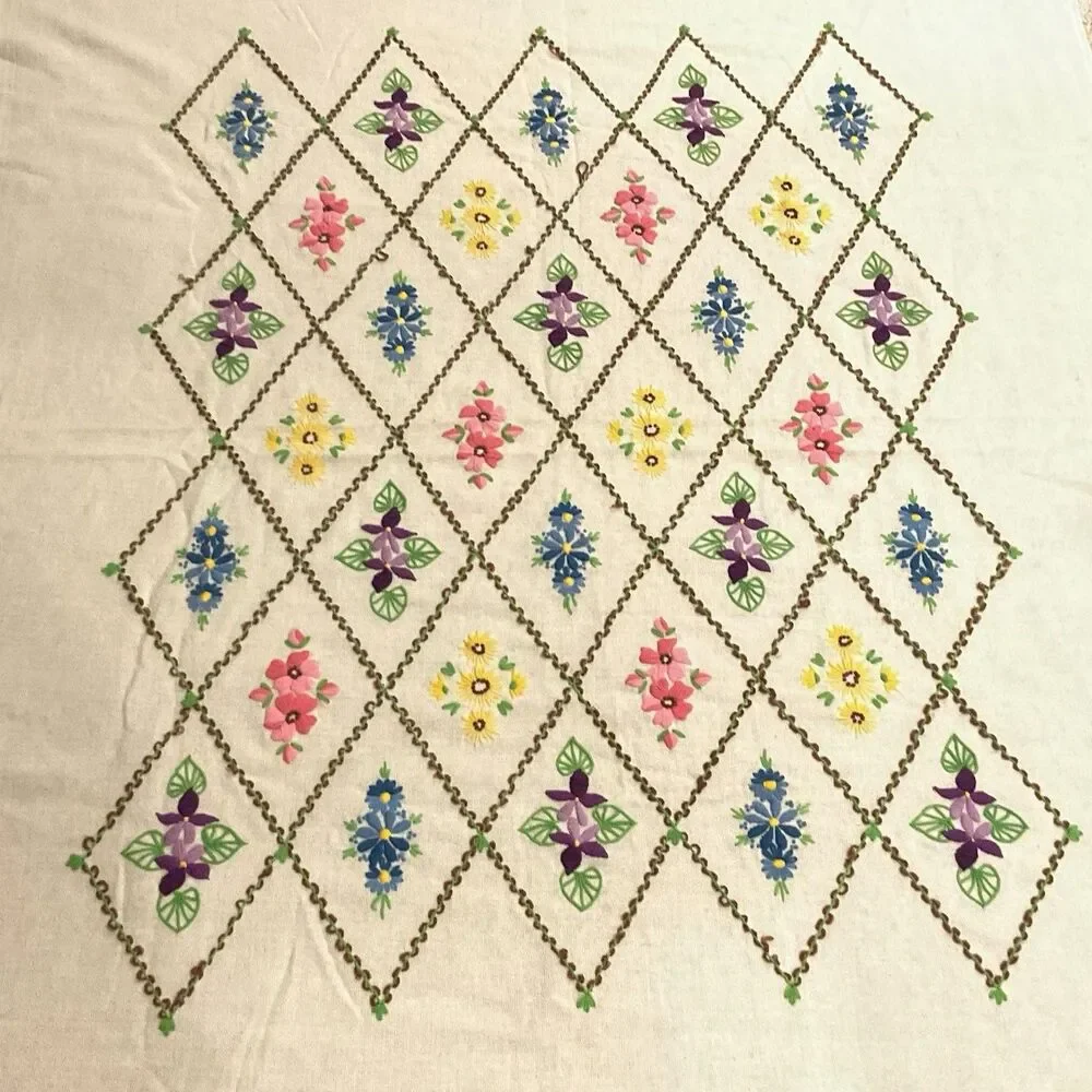 Vintage Handmade Throw Crewel Embroidered Cottage Granny Wool 54 X 66 MCM